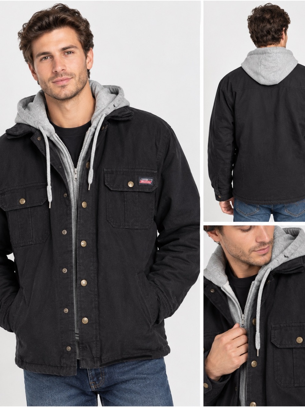 Dickies Men’s Large Black Insulated Work Jacket Gray Hood Utility Coat